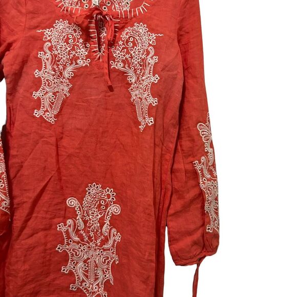 Monoreno Embroidered  100 % Linen Peasant Blouse Long Sleeve Salmon Red Small - Picture 4 of 15